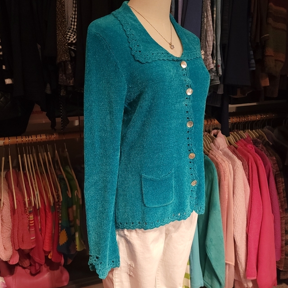 MARK, FORE & STRIKE ♡ Gorgeous Teal Soft Chenille Crochet Knit Button Cardigan M - Picture 5 of 15